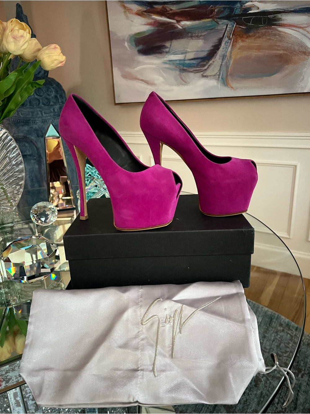 Giuseppe Zanotti Magenta Suede Platform Peep-Toe Pumps